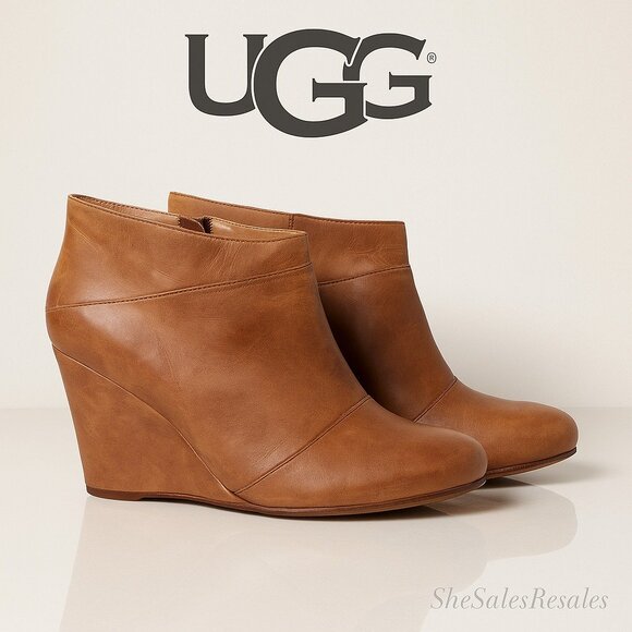 UGG Australia Carmine Leather Wedge Ankle Boots Chestnut Brown Women’s 8.5M - Picture 1 of 12